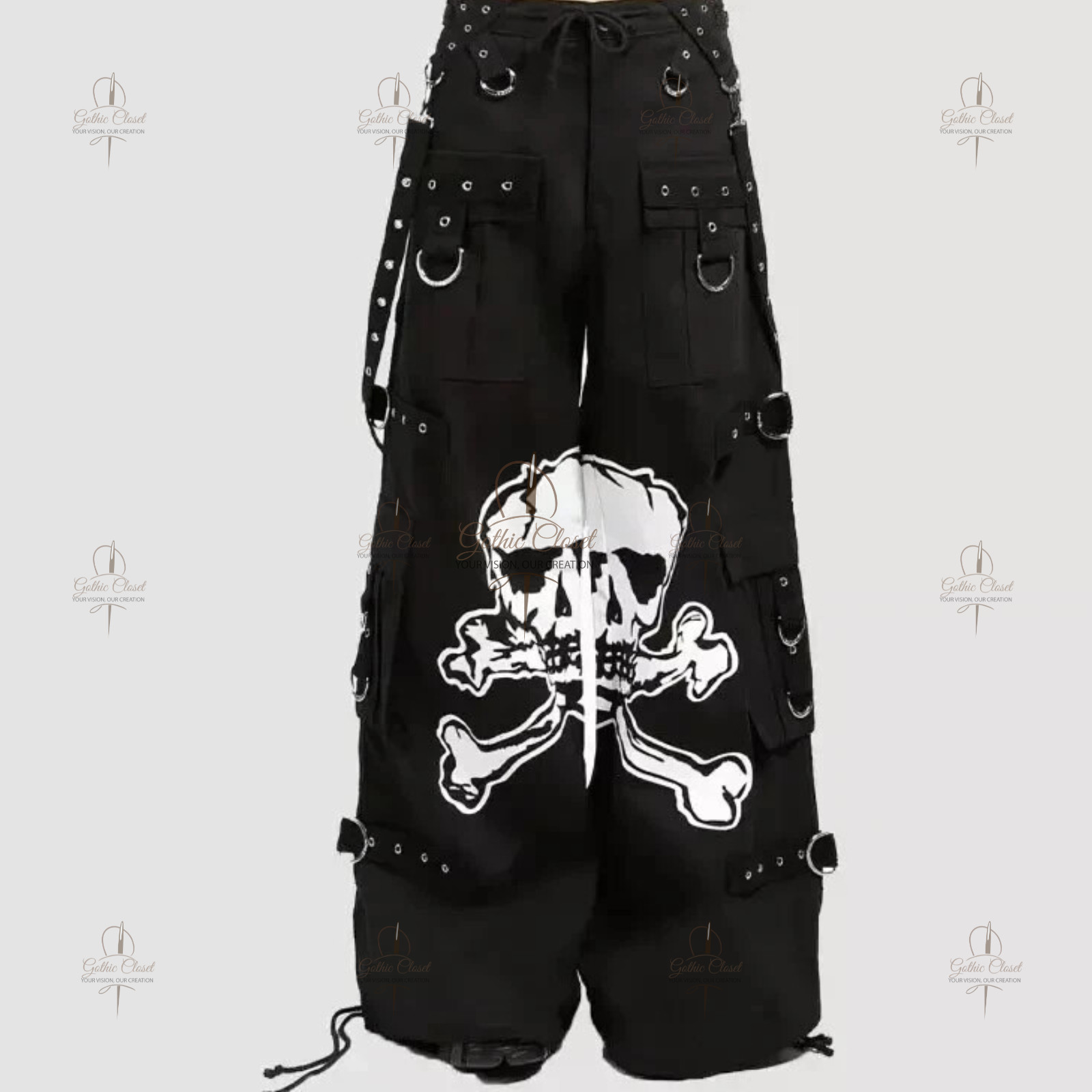 Unisex Gothic Skull Cargo Punk Rave Pants with Studs Black Cyber Wide Leg Jeans