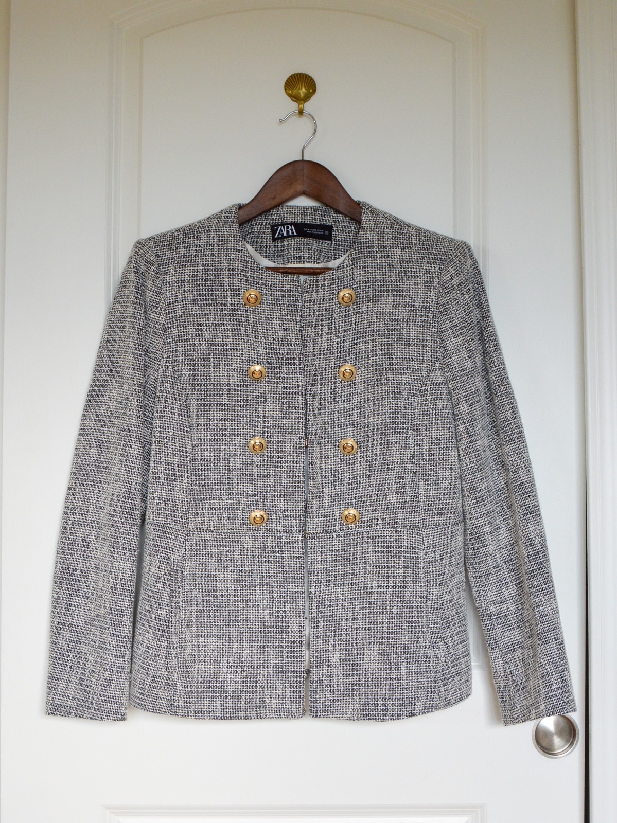 Zara Tweed Collarless Jacket Black White Double Breasted Gold Buttons Size M