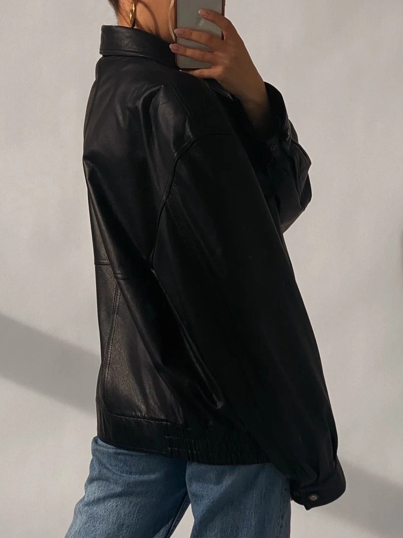 Oversized Black Leather Bomber Jacket Women Vintage Y2K Biker Coat