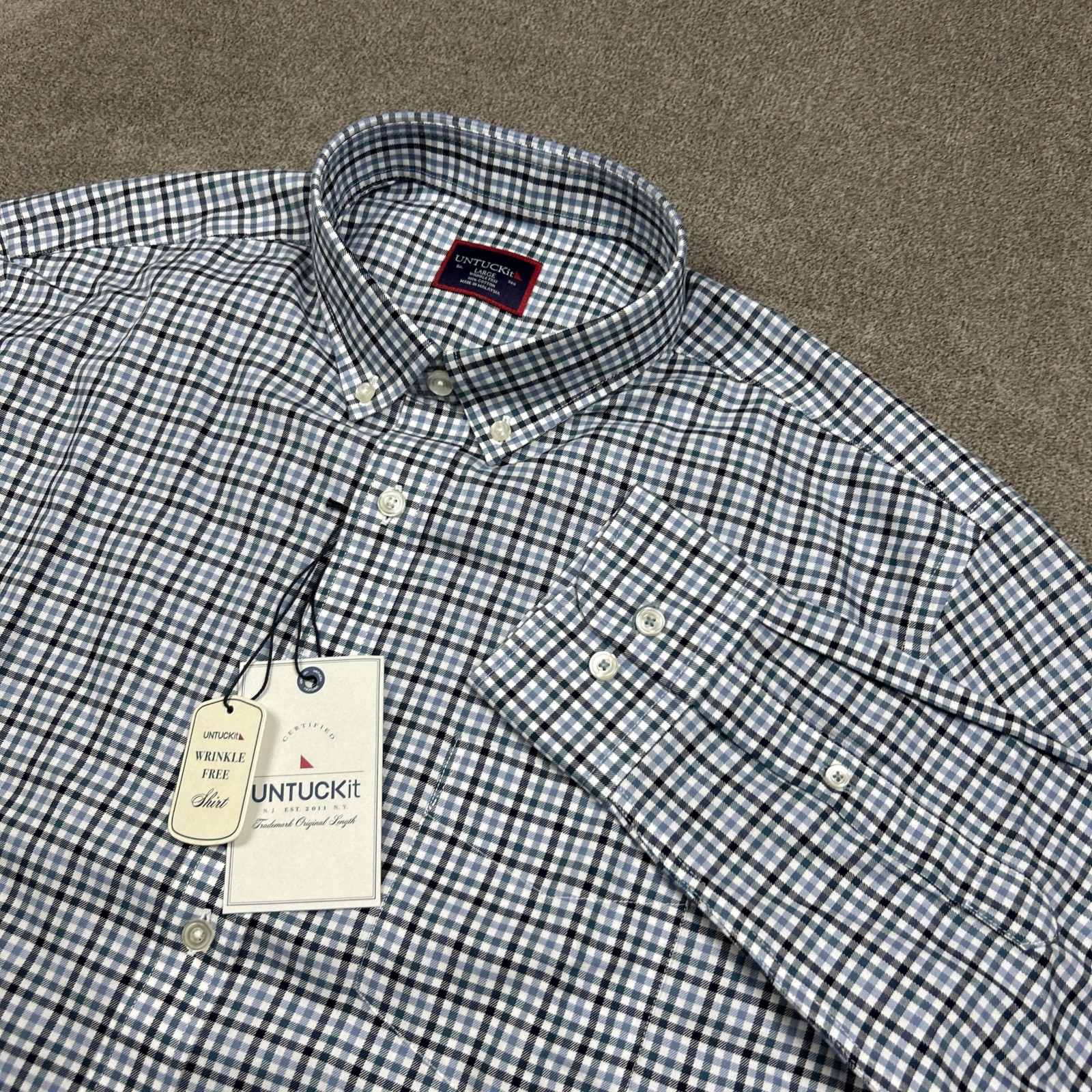 NEW Untuckit Shirt Mens Large Regular Wrinkle Free Alberto Gingham Button Down