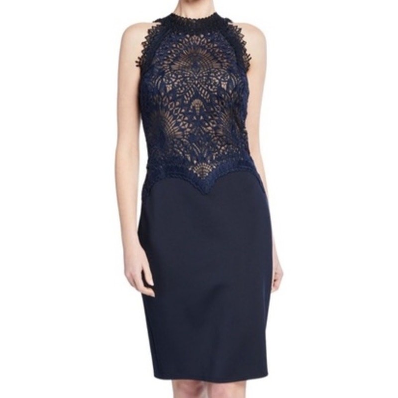 NWT Tadashi Shoji Fornax Lace Neoprene Navy Sleeveless Cocktail Dress, 16