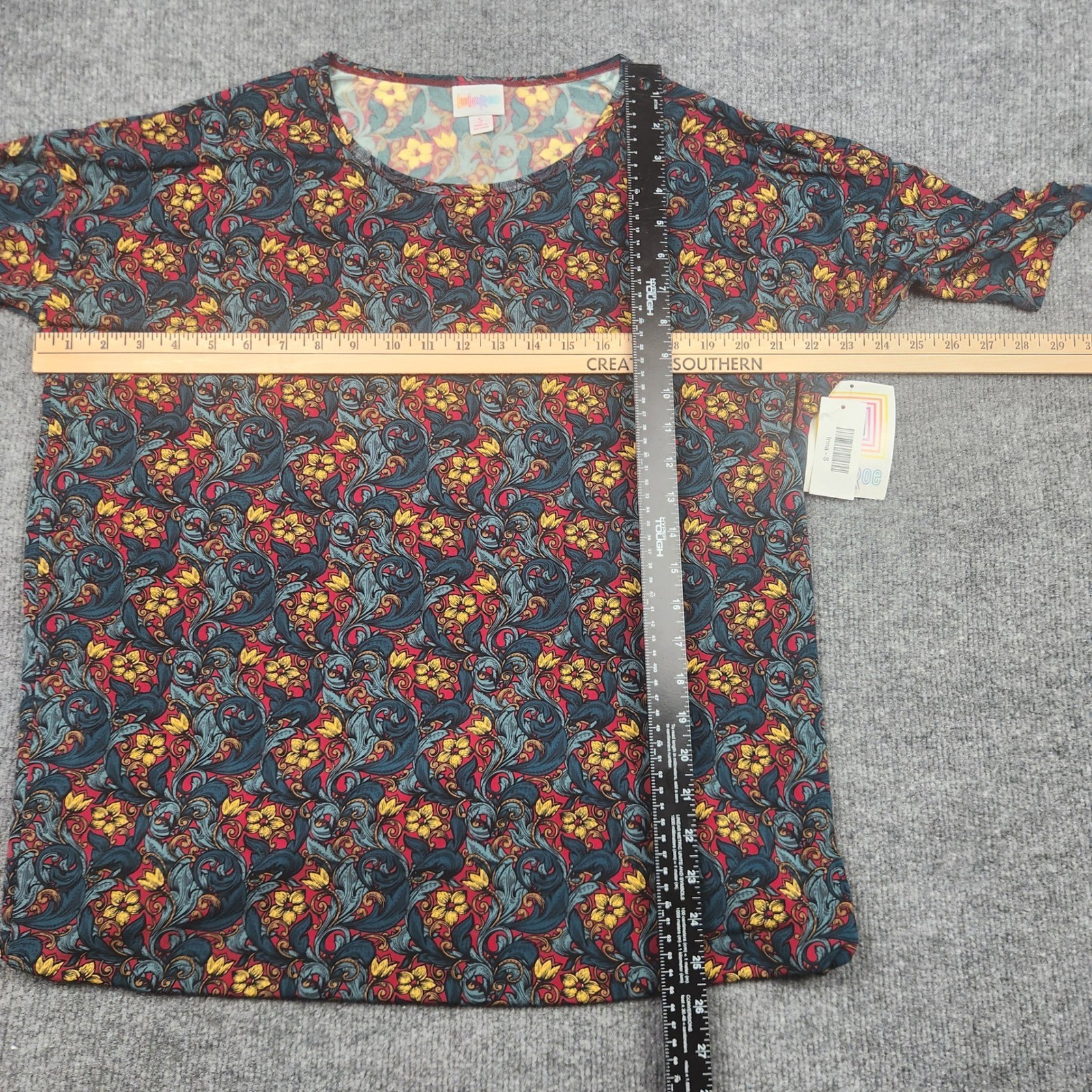 LuLaRoe Irma Tunic Top Womens Small Red Yellow Blue Floral Damask Short Sleeve