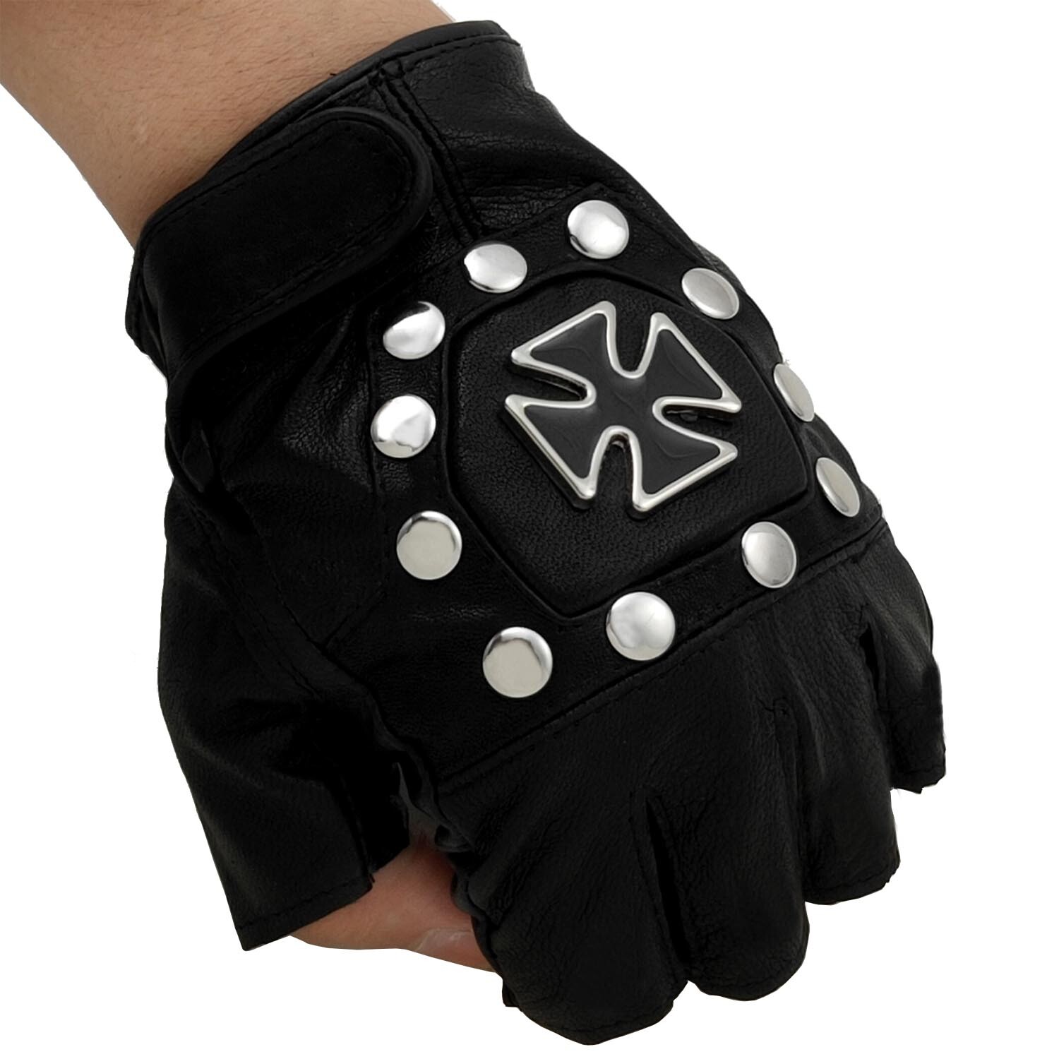 Real Leather Fingerless Gloves Men Biker Motorcycle Rock Vintage Punk