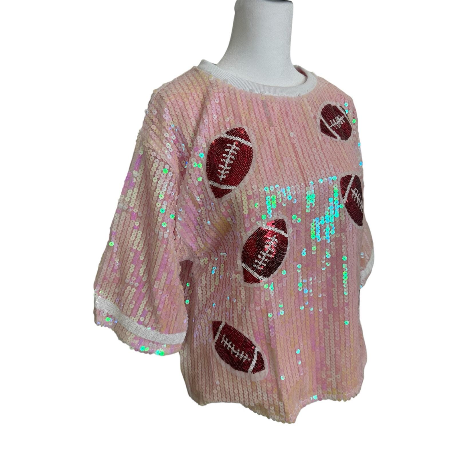 College Game Day Pink Sequin Short Sleeve Shirt Top Womens Size Medium