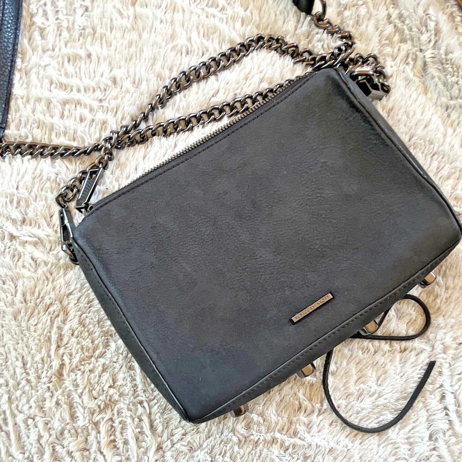 Rebecca Minkoff Black Pebbled Crossbody Bag Chain Strap Zip Outer Pocket Studs