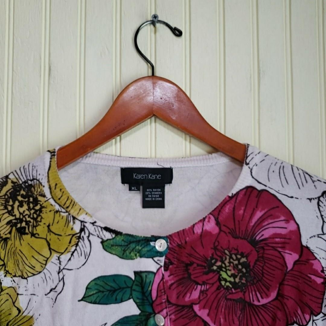 Karen Kane Cardigan Sweater Womens XL Multicolor Floral Print Button Front Knit