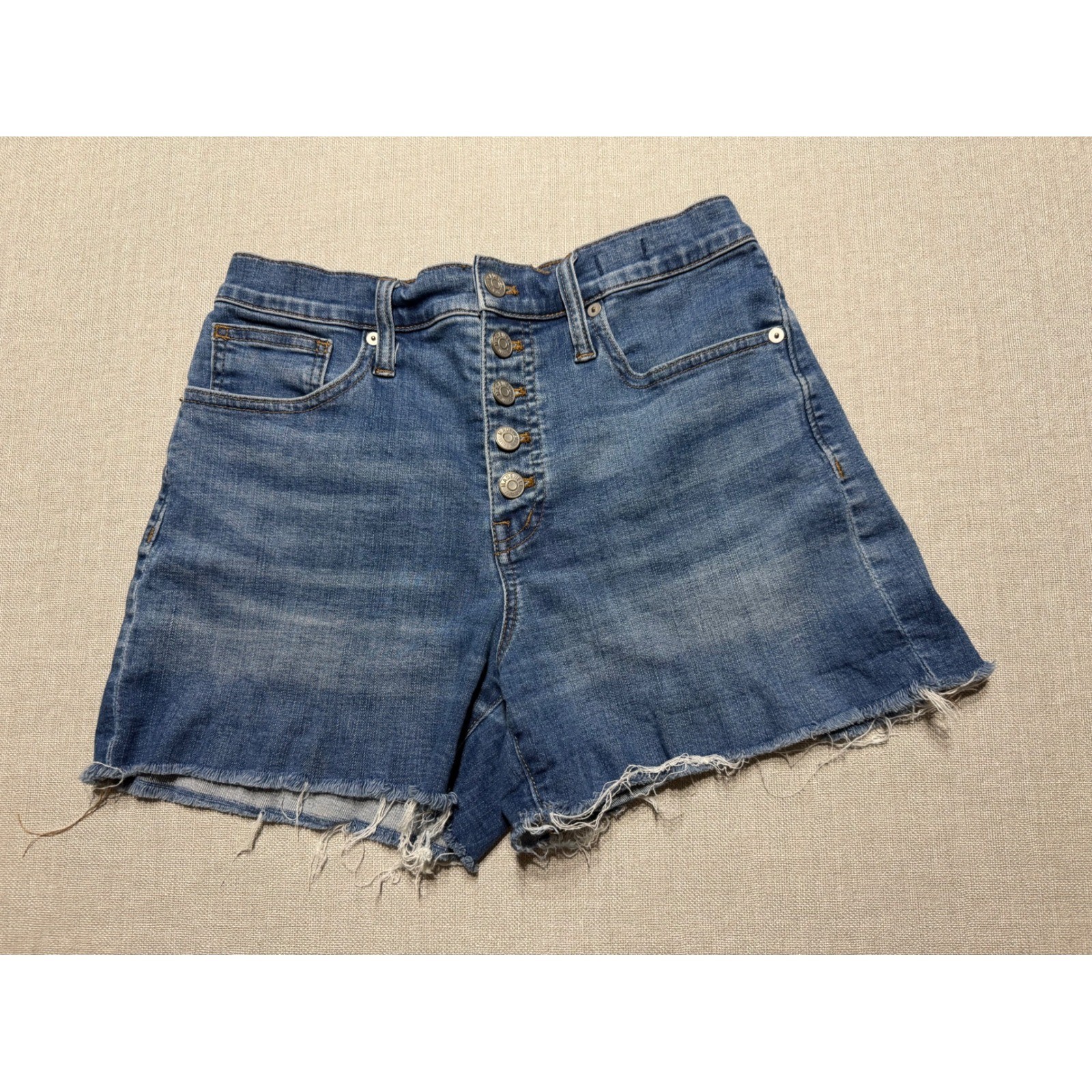 Madewell High-Rise Denim Shorts Size 26 Blue Button Fly Raw Hem Frayed Med Wash