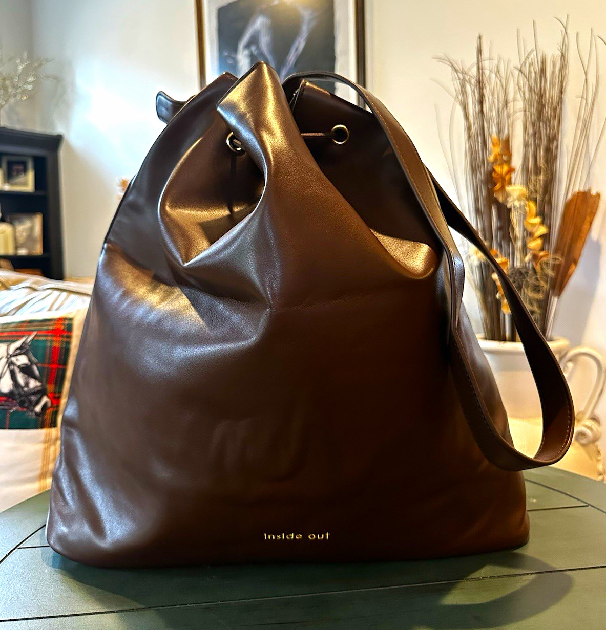 Inside Out Women Brown Bucket Drawstring Bag | Detachable Strap | Gold | Pockets