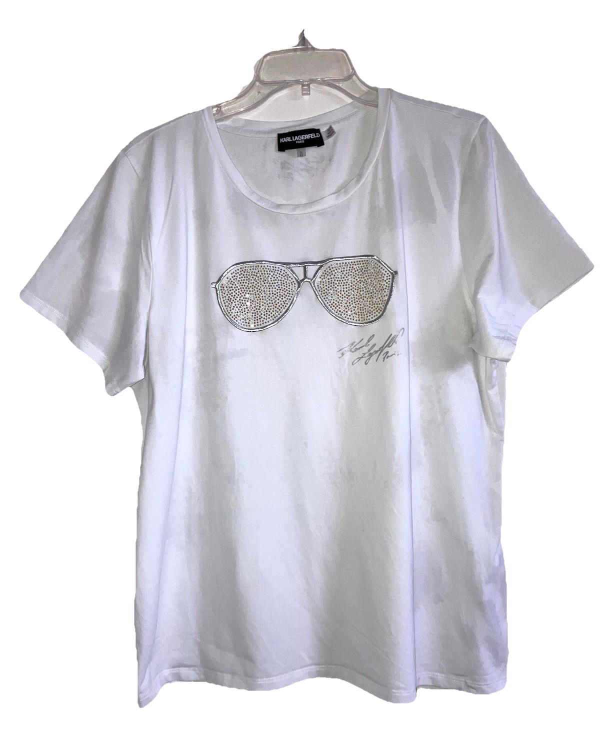 KARL LAGERFIELD sz XL White Cotton Short Sleeve T Shirt Rhinestone Sunglasses
