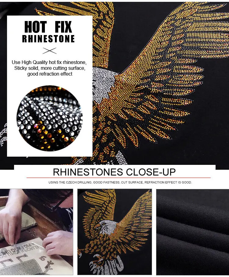 Fashion Trend Eagle Rhinestones Streetwear Long Sleeve Luxury Men V-Neck T-Shirt