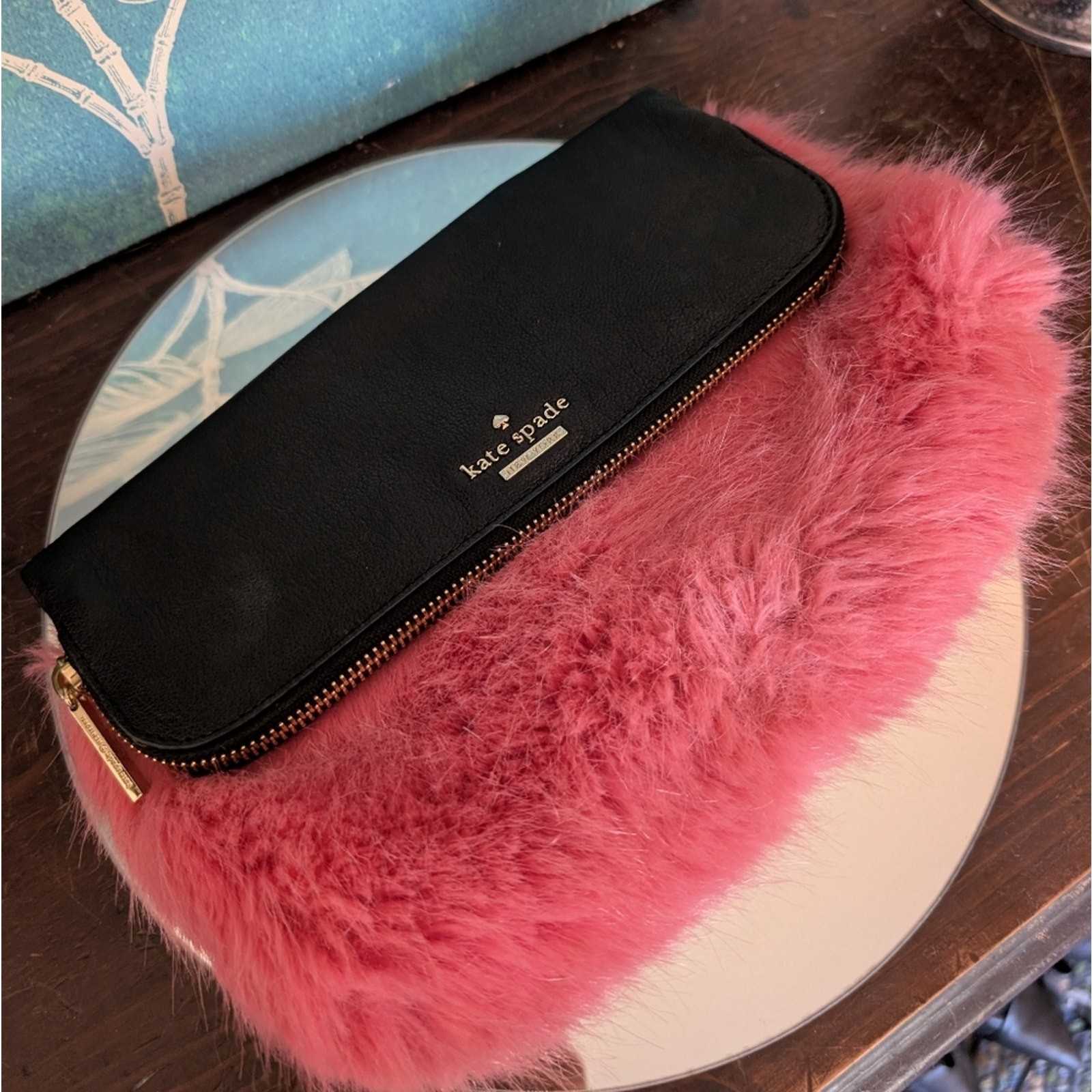 💖 RARE! Kate Spade Evening Belles Steffe Faux Fur & Leather Clutch