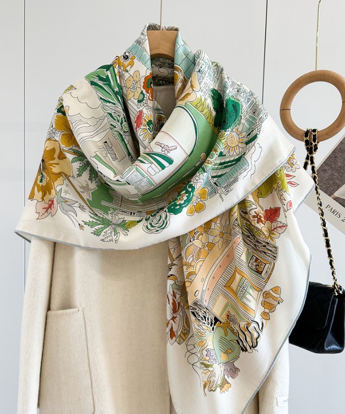70% Cashmere 30% Silk Scarf Square Shawl 53″ 2 Face Castle print Large Wrap