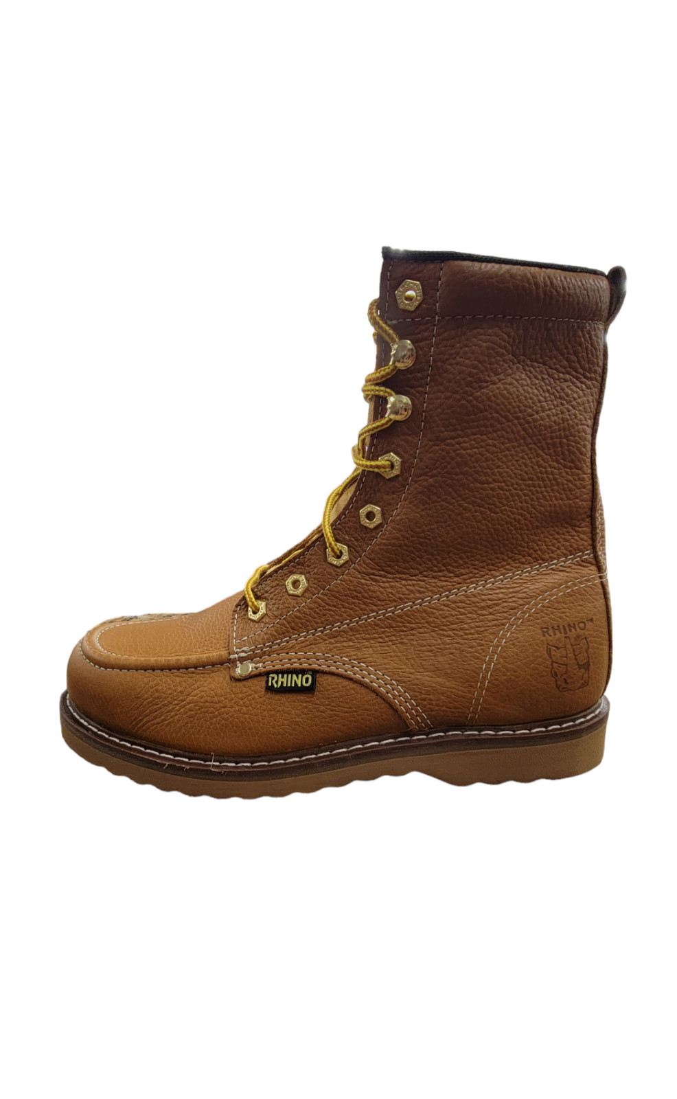 Mens Rhino 82M26 Leather Tan 8″ Soft Toe Moc Toe Lace Up Work Boots