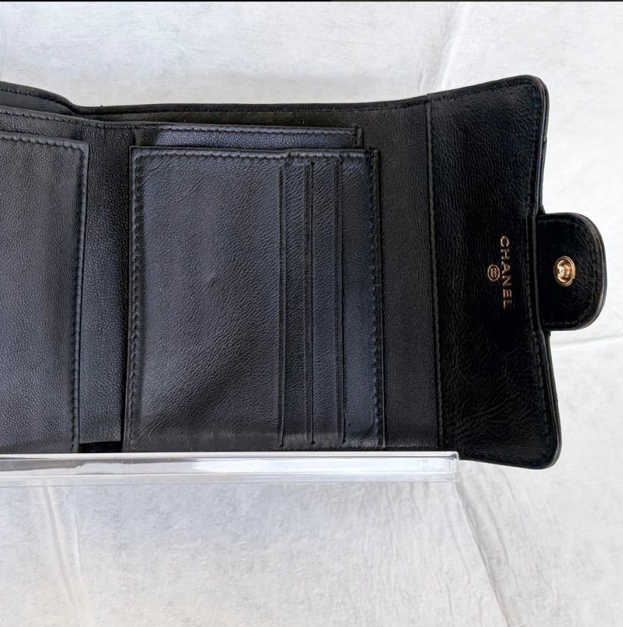 Authentic Chanel tri-fold wallet, matelasse, coco mark, double face, black