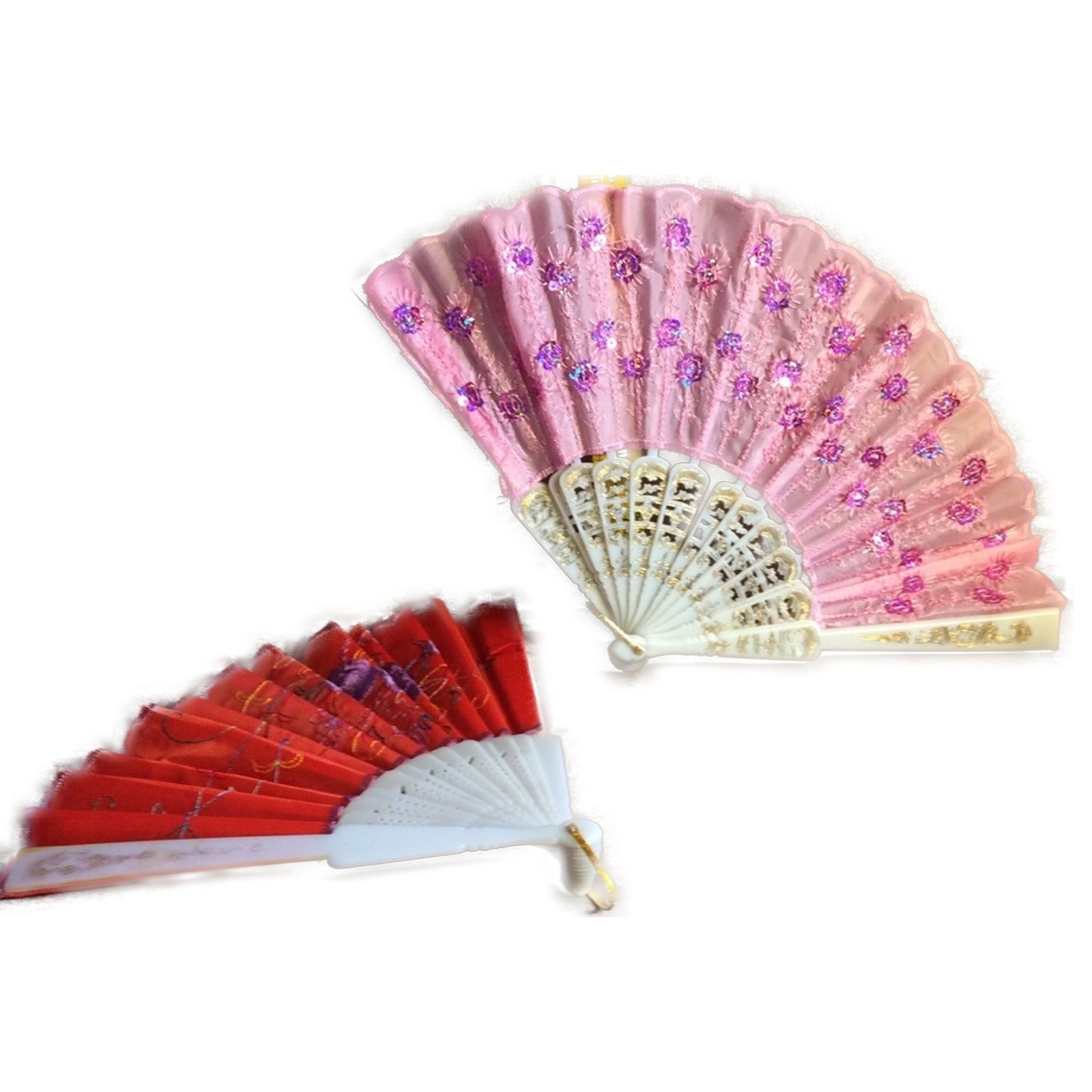 Vintage Small Folding Fan Lot Pink & Red Floral Fabric & Plastic
