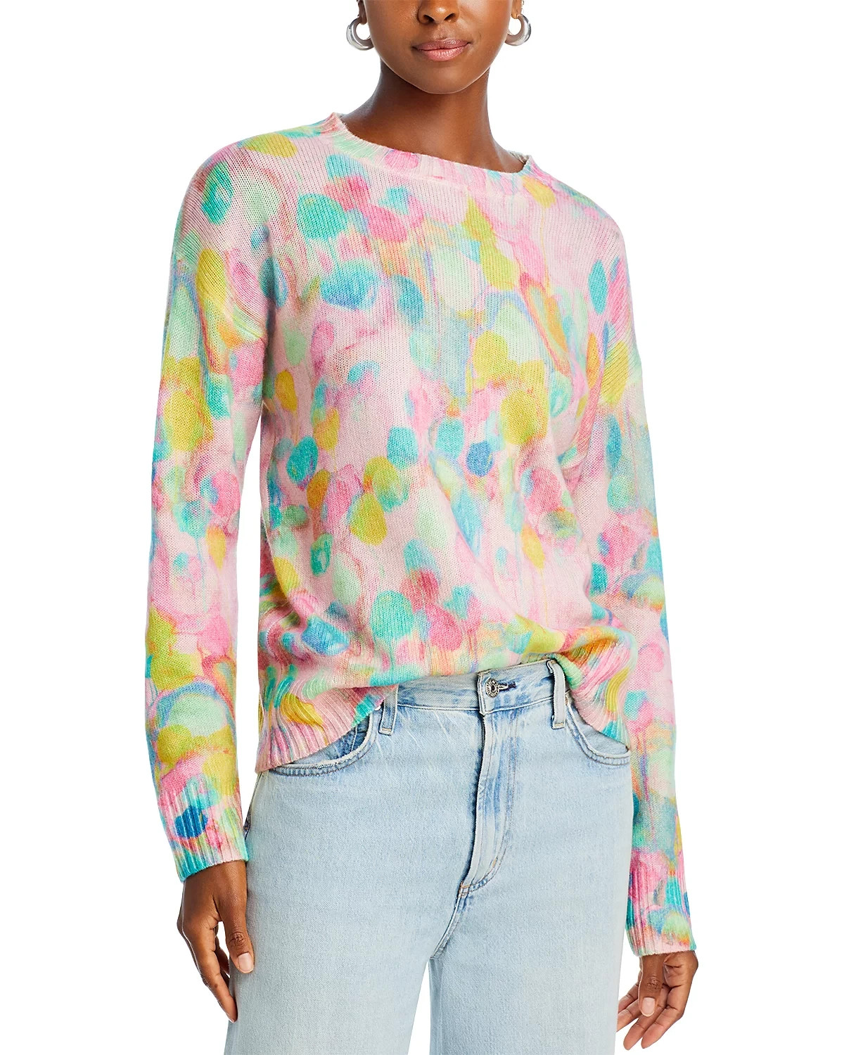 Aqua L8704 Womens Multi Cashmere Printed Crewneck Sweater Size M