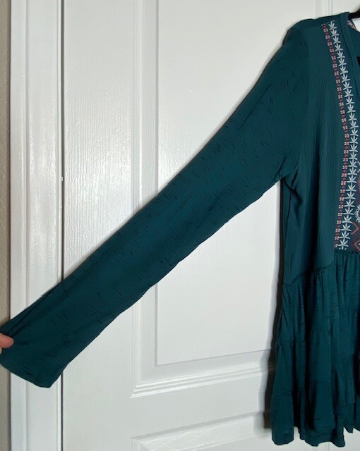 Medium New Teal Blue Embroidered Babydoll Peasant Top Lace Blouse Tee Top