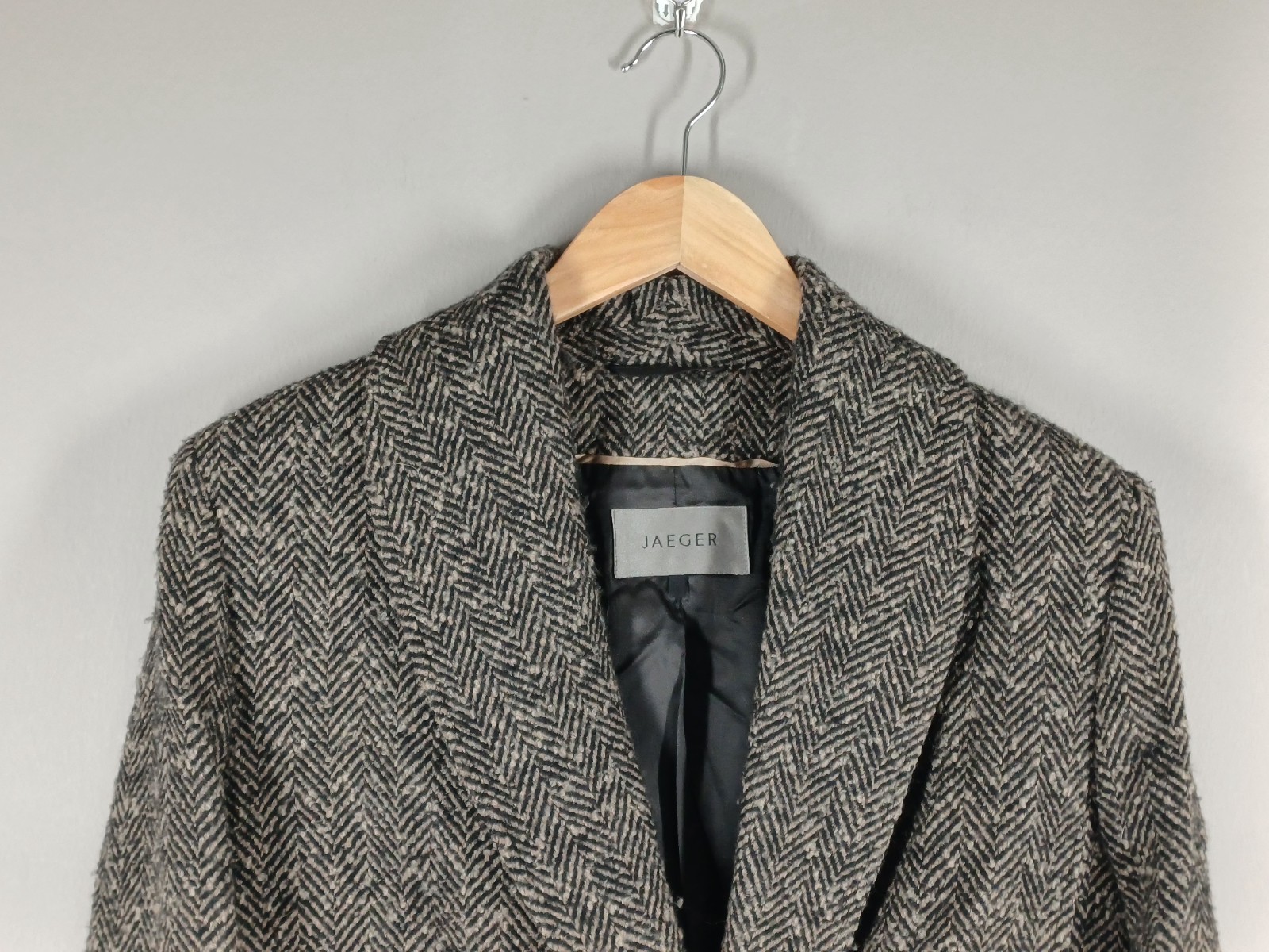 Jaeger Jacket Womens UK 12 Beige/Black Virgin Wool Cashmere Herringbone Blazer