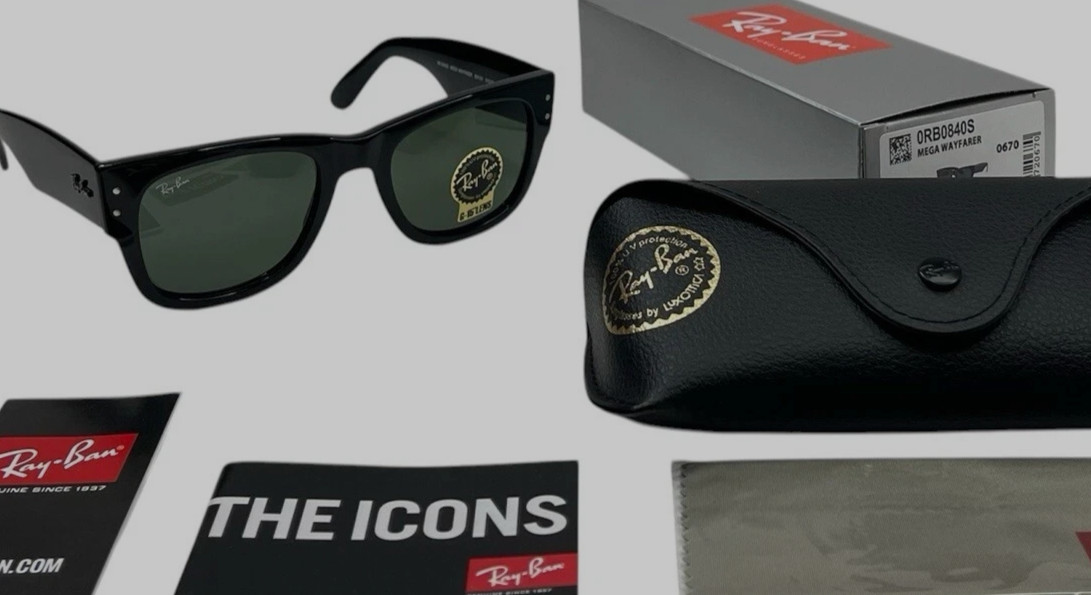 Ray Ban Mega Wayfarer RB0840S 901/31 51 Black w/ Green Sunglasses Rayban 0840S
