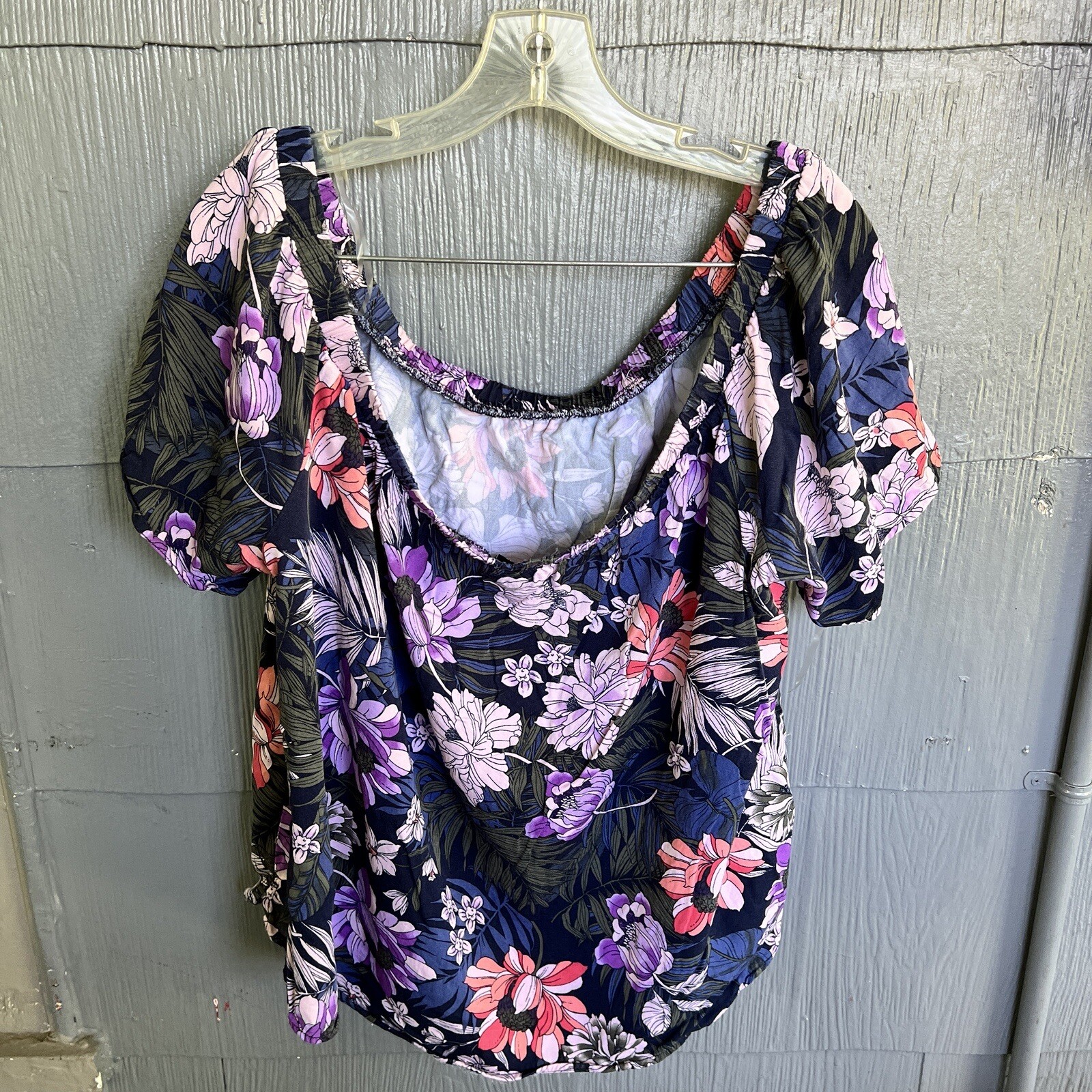 A.N.A A New Approach Top Blouse Women’s 2X Blue Floral Rayon Elastic Shoulder