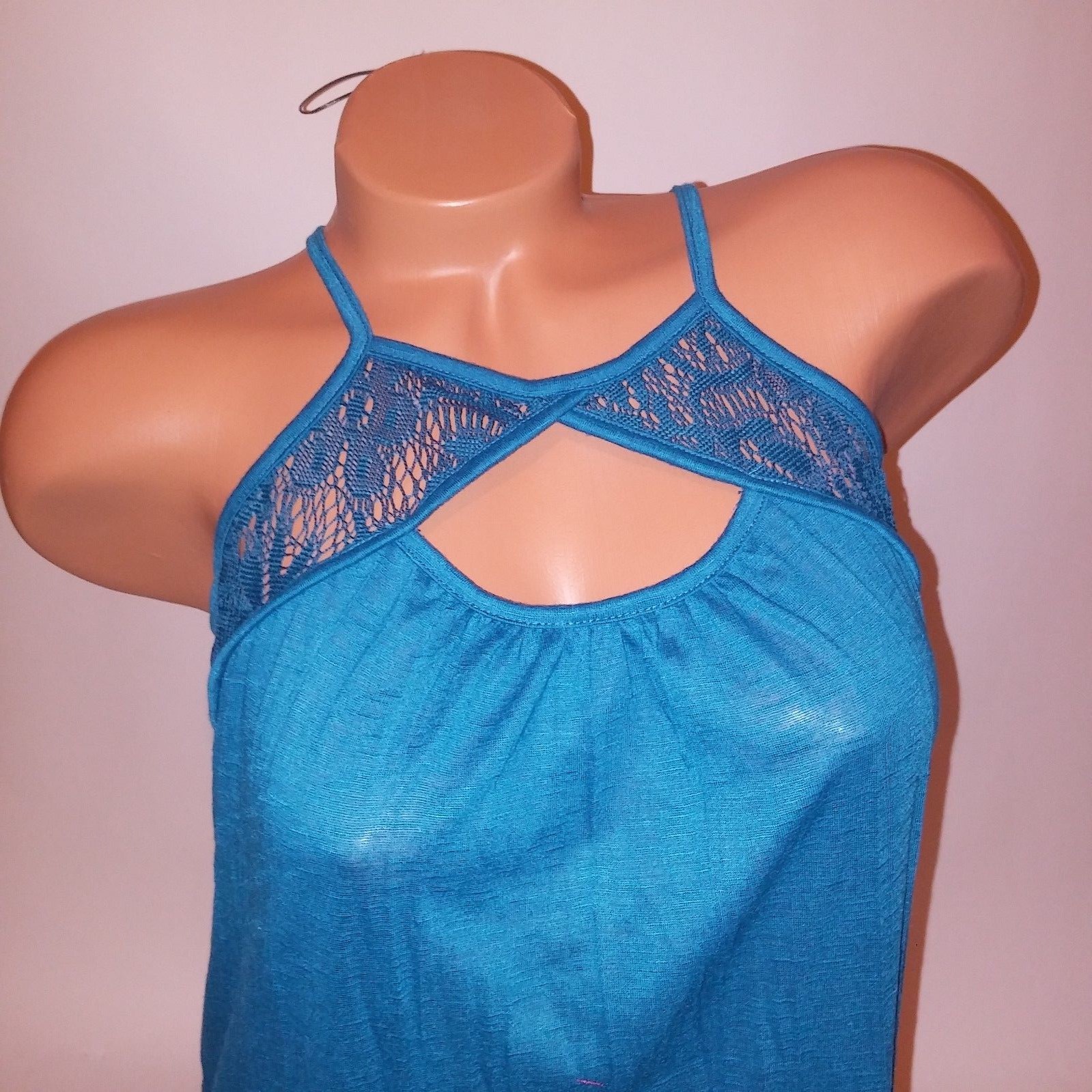 No Boundaries Tank Top Teal Solid Lace High Neck Keyhole Sleeveless