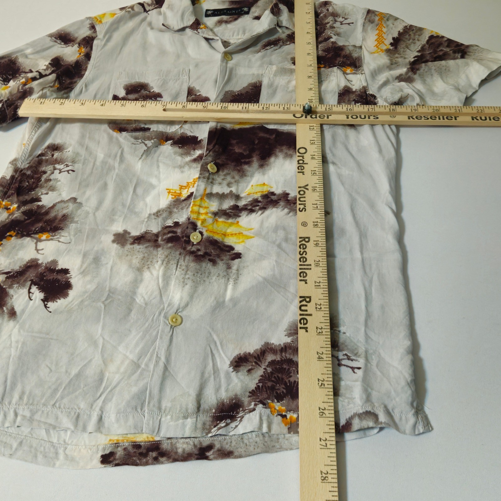AllSaints Button Down Shirt Mens L Grey Japanese Landscape Print Short Sleeve