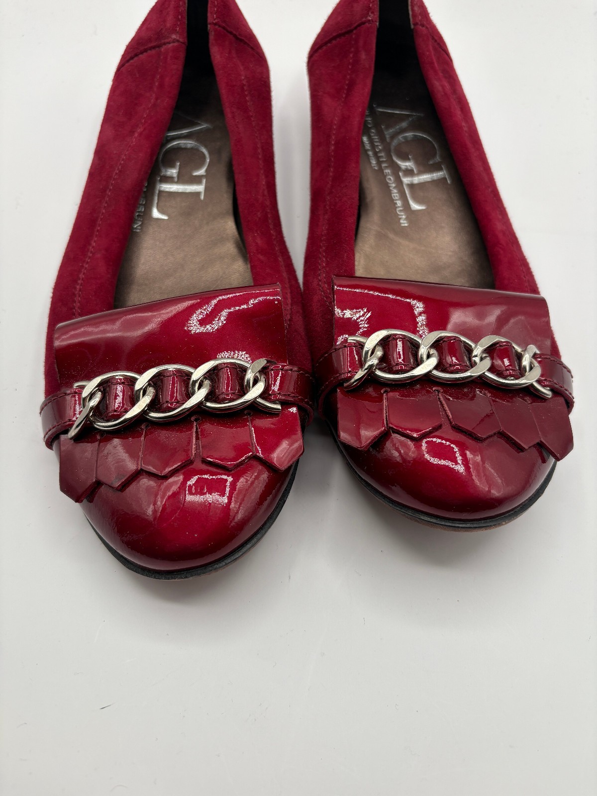 AGL Attilio Leombruni Patent Cap Toe Flats Shoes Red Suede Kiltie size 39.5