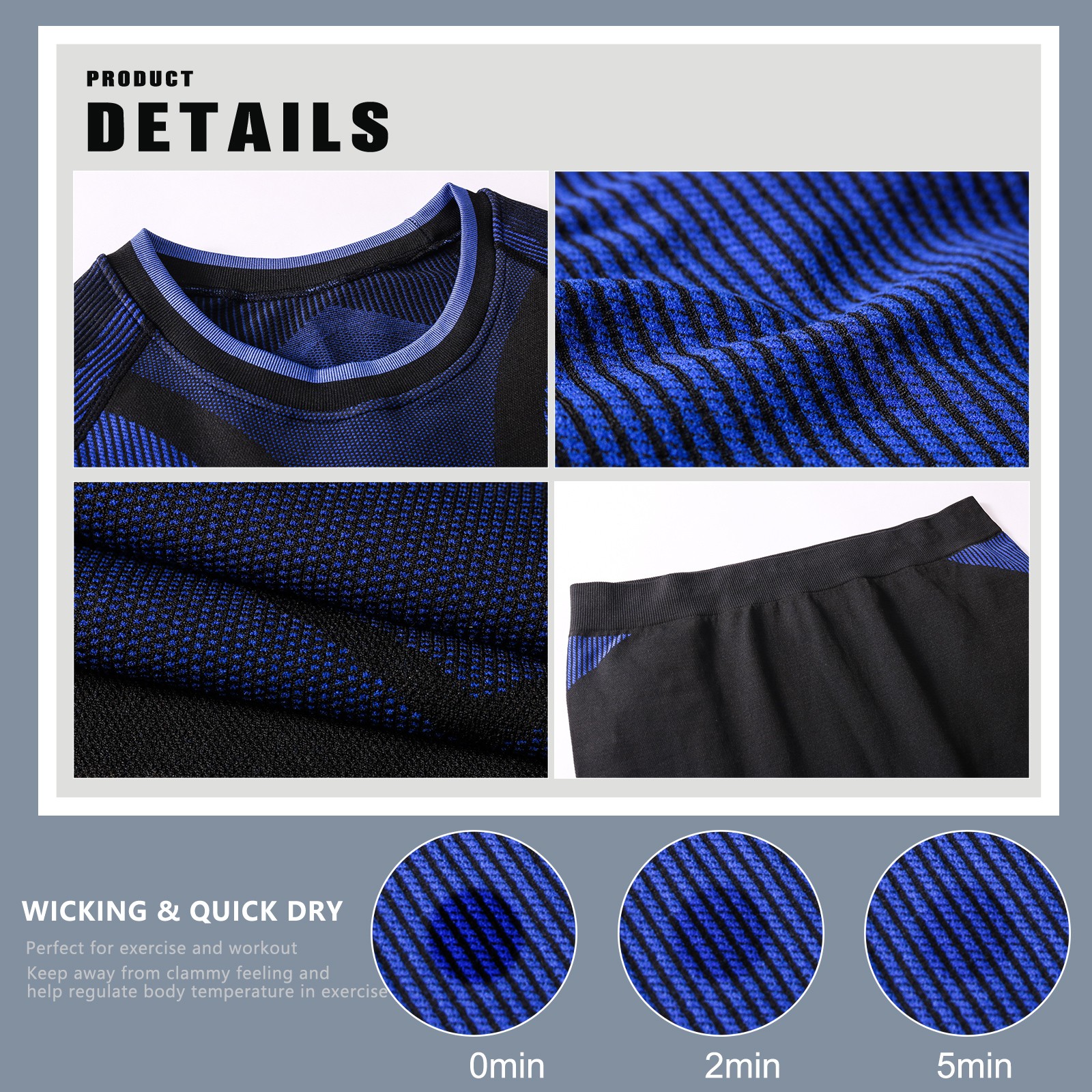 Mens Thermal Long Johns Compression Base Layer Top & Bottom Set Blue Small Size