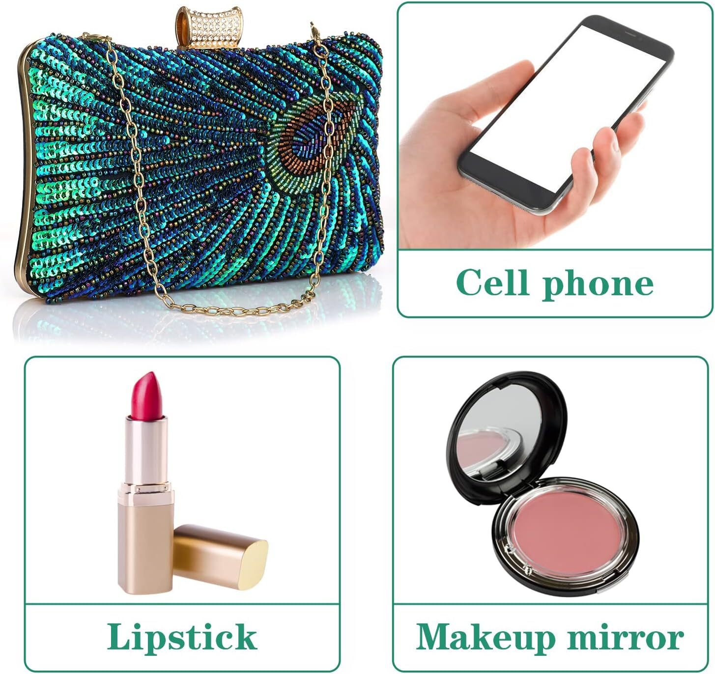 Beaded Sequin Peacock Evening Clutch Bags Party Wedding Purse 7.9*4.7*2.4 in