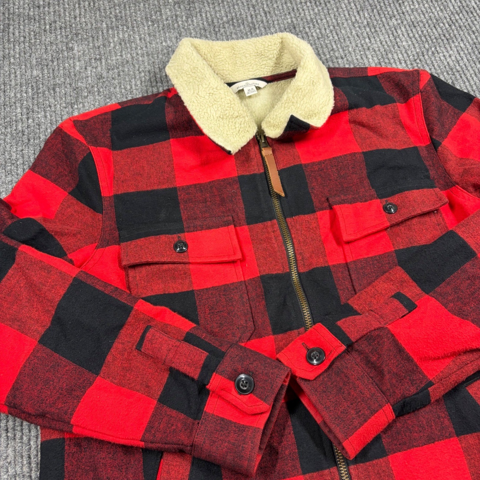 L.L. Bean Signature Jacket Mens M Regular Red Black Buffalo Plaid Sherpa Jacket