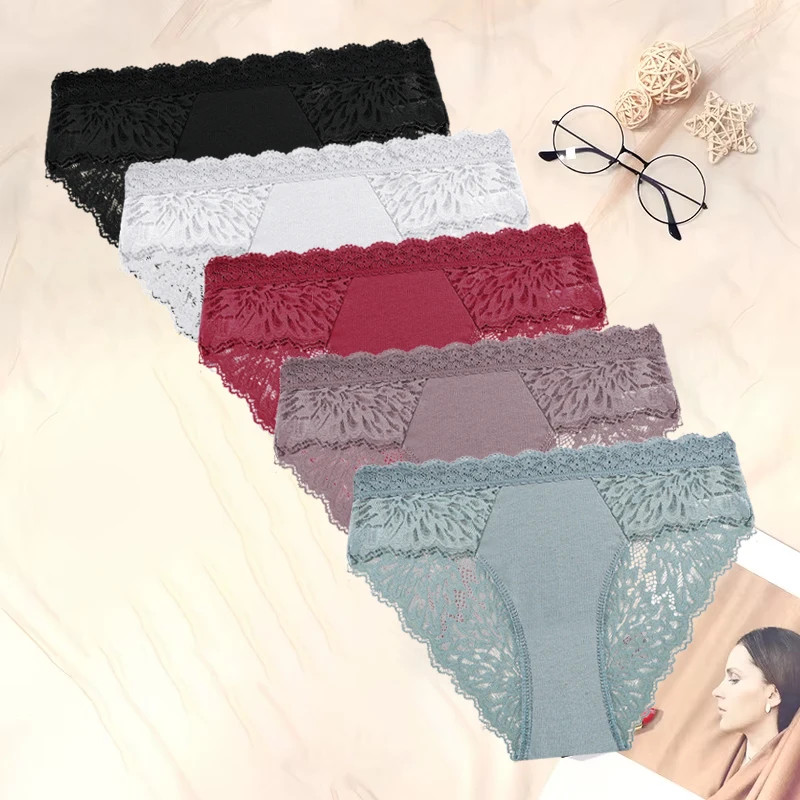 5Pcs Lace Floral Underwear Women Sexy Hollow Out Solid Breathable Female