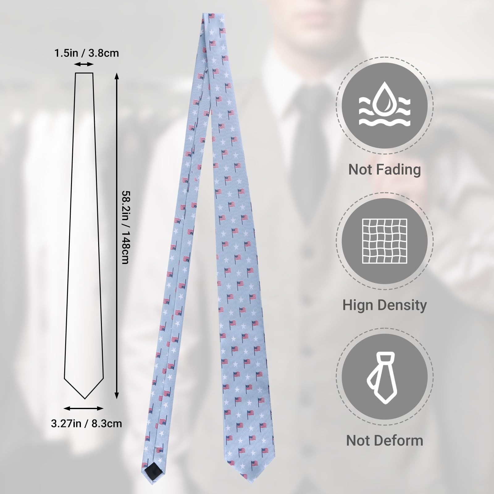 Men’s American Flag Tie Set 3.27″ (8.3CM) USA Flag Neckties and Pocket Sky Blue