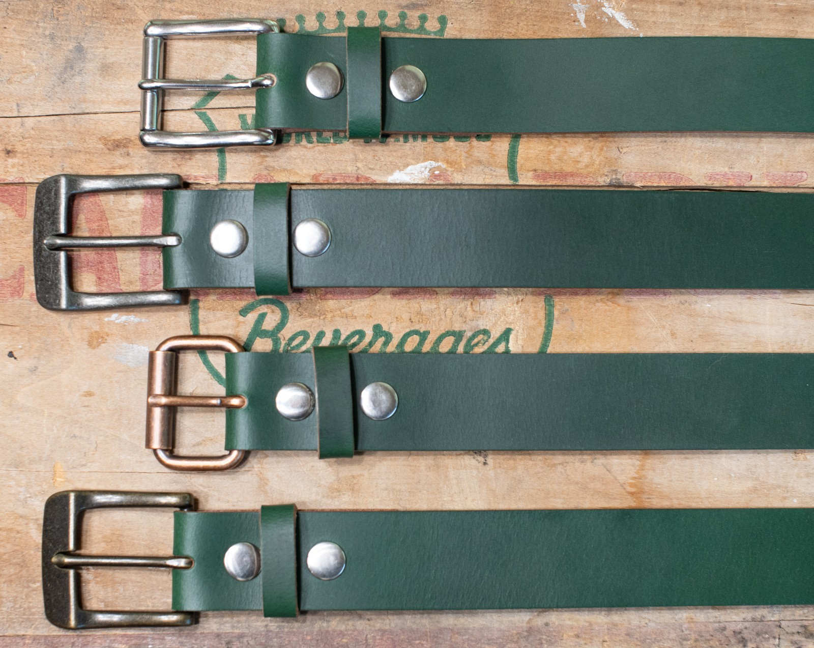 1.5″ Handmade Full Grain GREEN Leather Belt – Multiple Buckles – Made in the USA