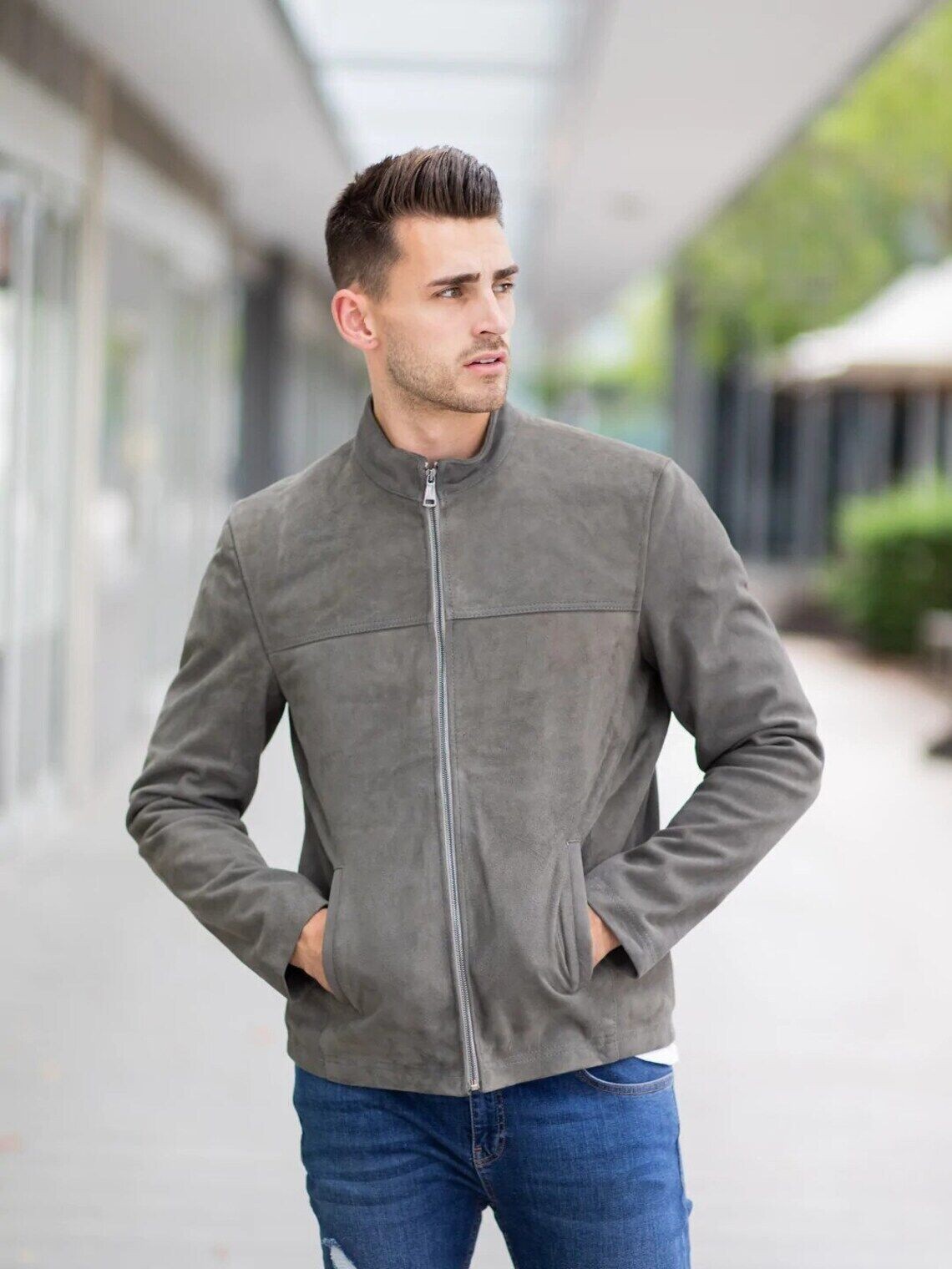 Leather Jacket Men Gray Genuine Suede Cafe Racer Size XS S M L XL XXL Custom-016