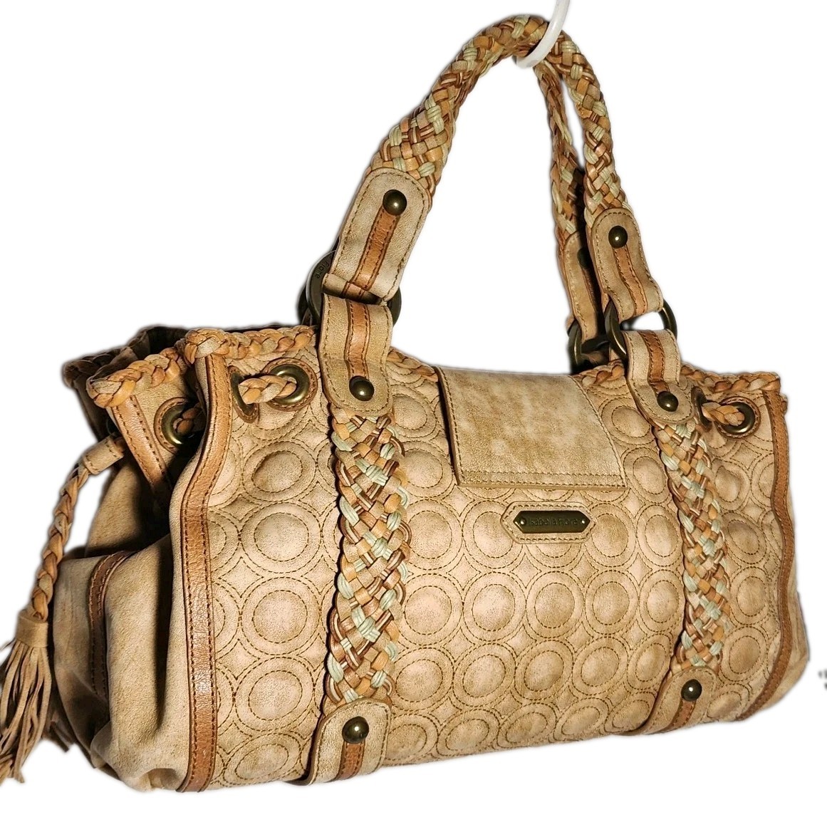 ISABELLA FIORE KISSES AND HUGS EMBROIDERED X’S AND O’S LARGE LEATHER HANDBAG$739
