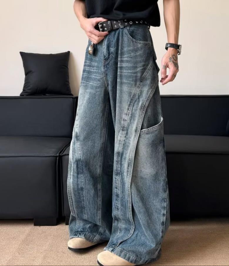 Men’s Retro Blue Denim Loose Fit Jeans Pockets Punk Hip Hop Trousers Casual New