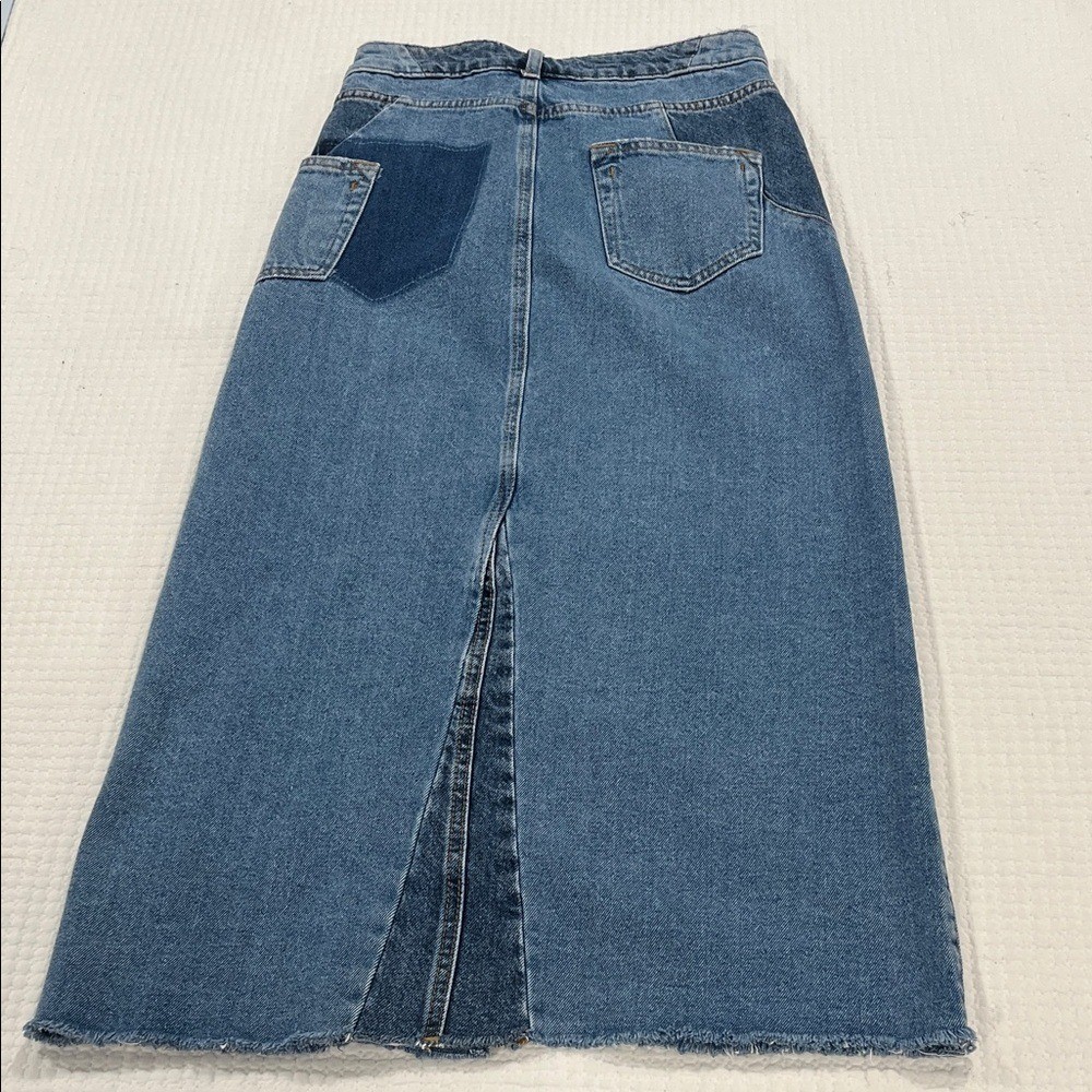 Zara High-Waisted Long Denim Skirt Front Slit Raw Hem sz XS