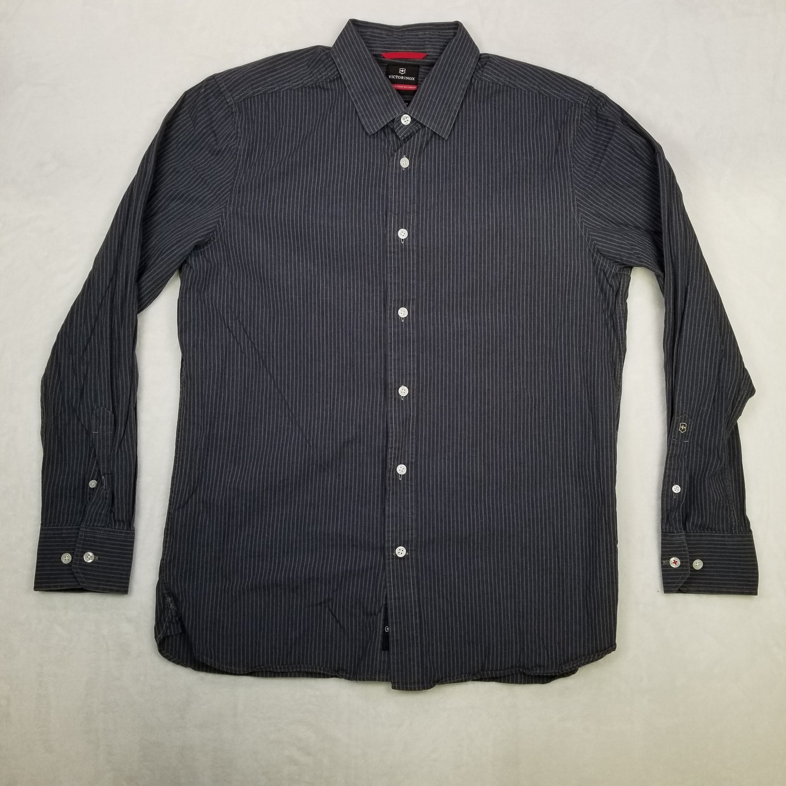 Victorinox Men’s M Dark Blue Pinstripe Button Down Shirt Standard Fit Long Sleev