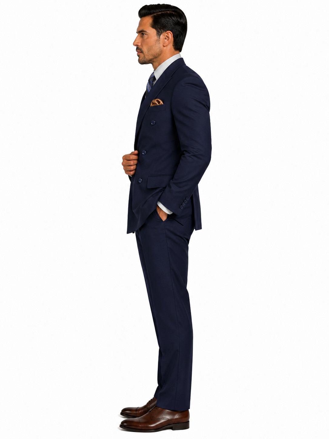 Vinci Men Navy Solid Color Double Breasted Regular Fit Suit Elastic Waist