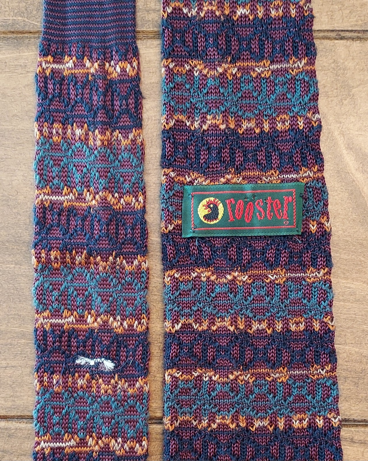 Vtg Rooster Pointed Knit Stripe Tie Texture Burgundy Purple Teal Orange 54×3 1/8