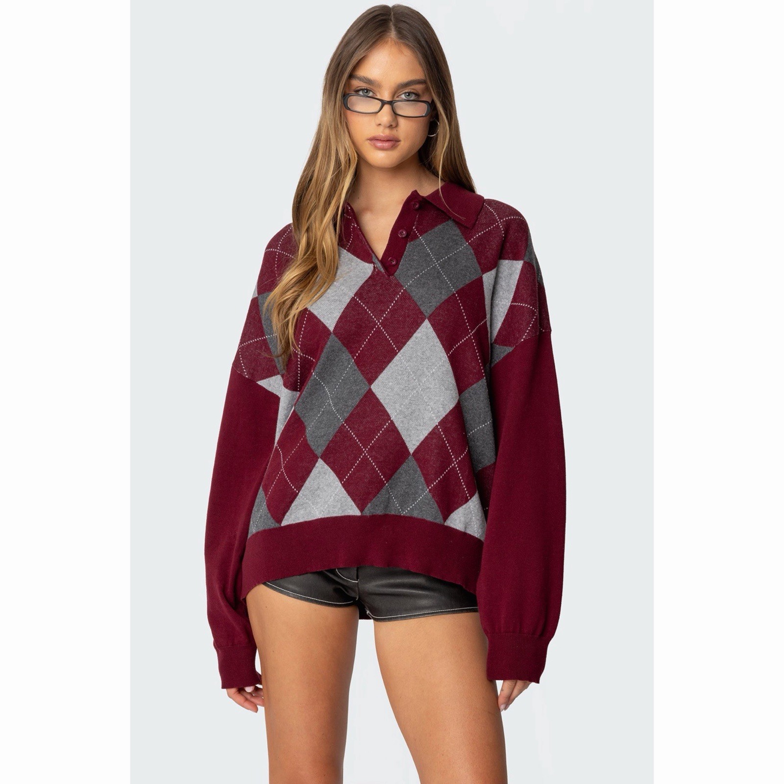 Edikted Argyle Oversized Polo Sweater Burgundy Dark Academia Preppy M