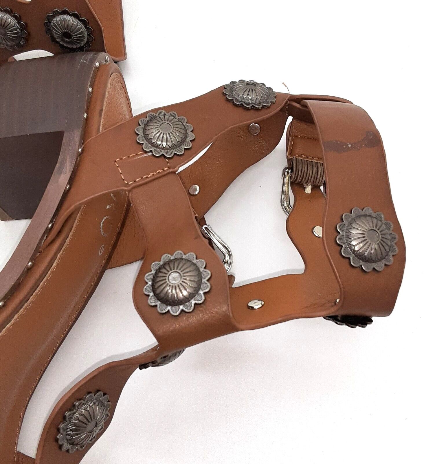 ASHRO Sandal Caged Brown Leather Gladiator Strappy 7M Embellished Buckle Strap