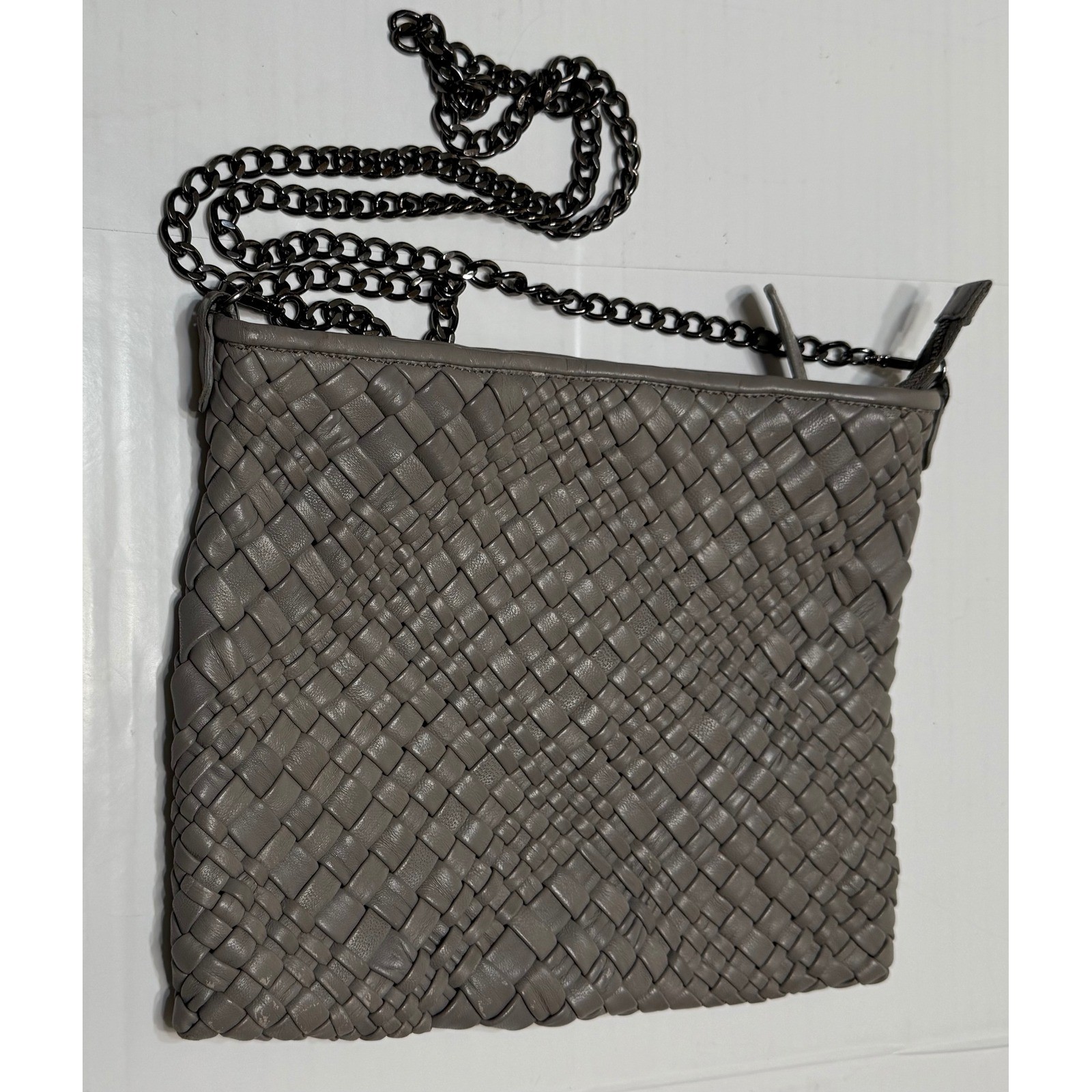 Falor Italia Woven Leather Crossbody Bag Grey Gunmetal Chain Made in Italy