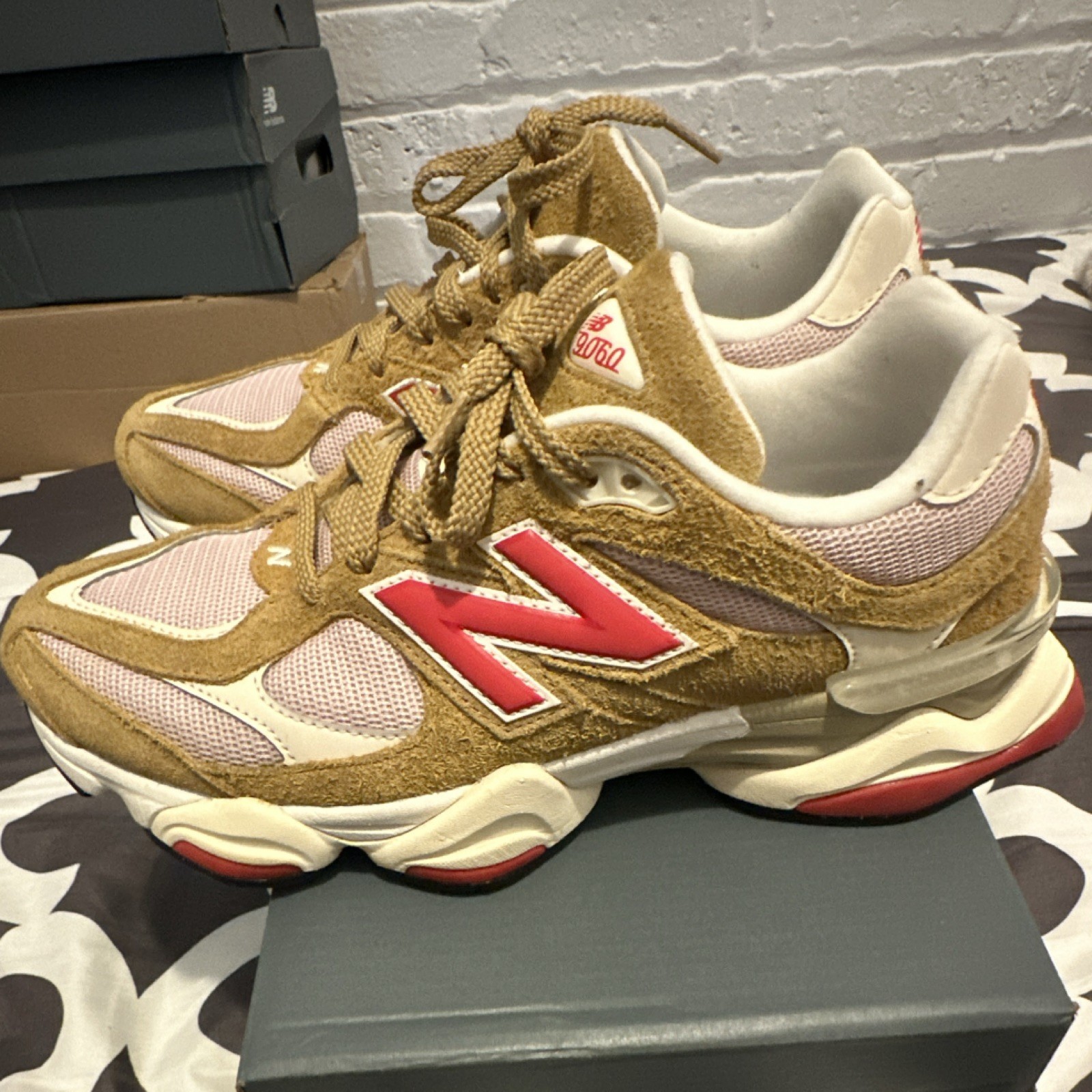 New Balance 9060 Men Low Top Lace Up Sneaker Suede Mesh Brown Red White