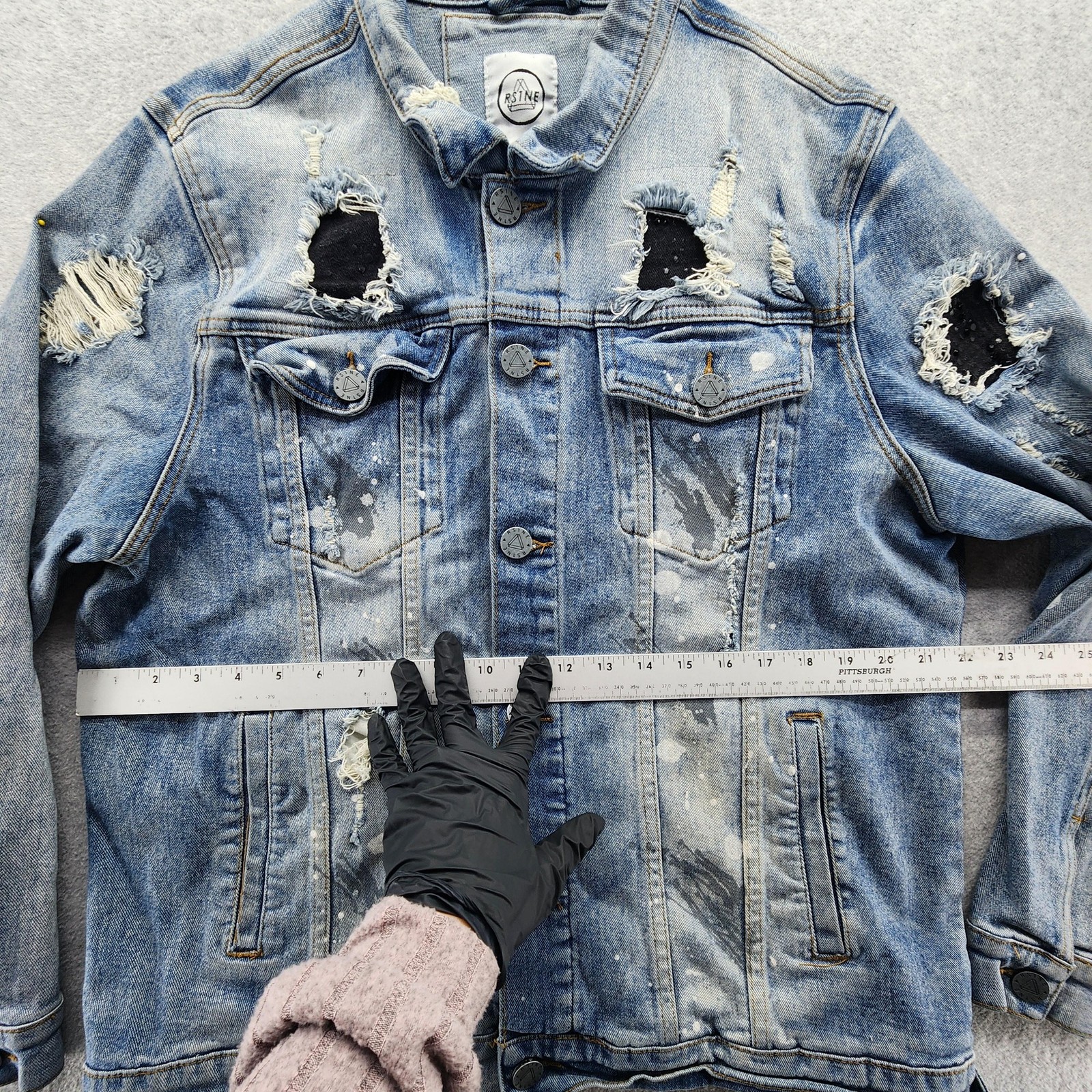 RSTNE Jacket Mens Large Blue Denim Distressed Paint Splatter Ripped Studded