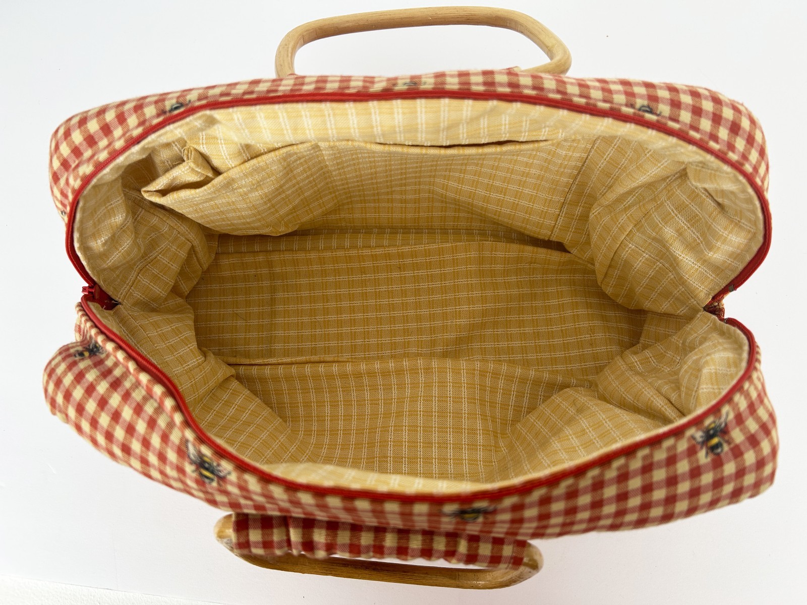 Bee Gingham Top Handle Handbag Bamboo Handle Coastal Preppy Handmade Purse