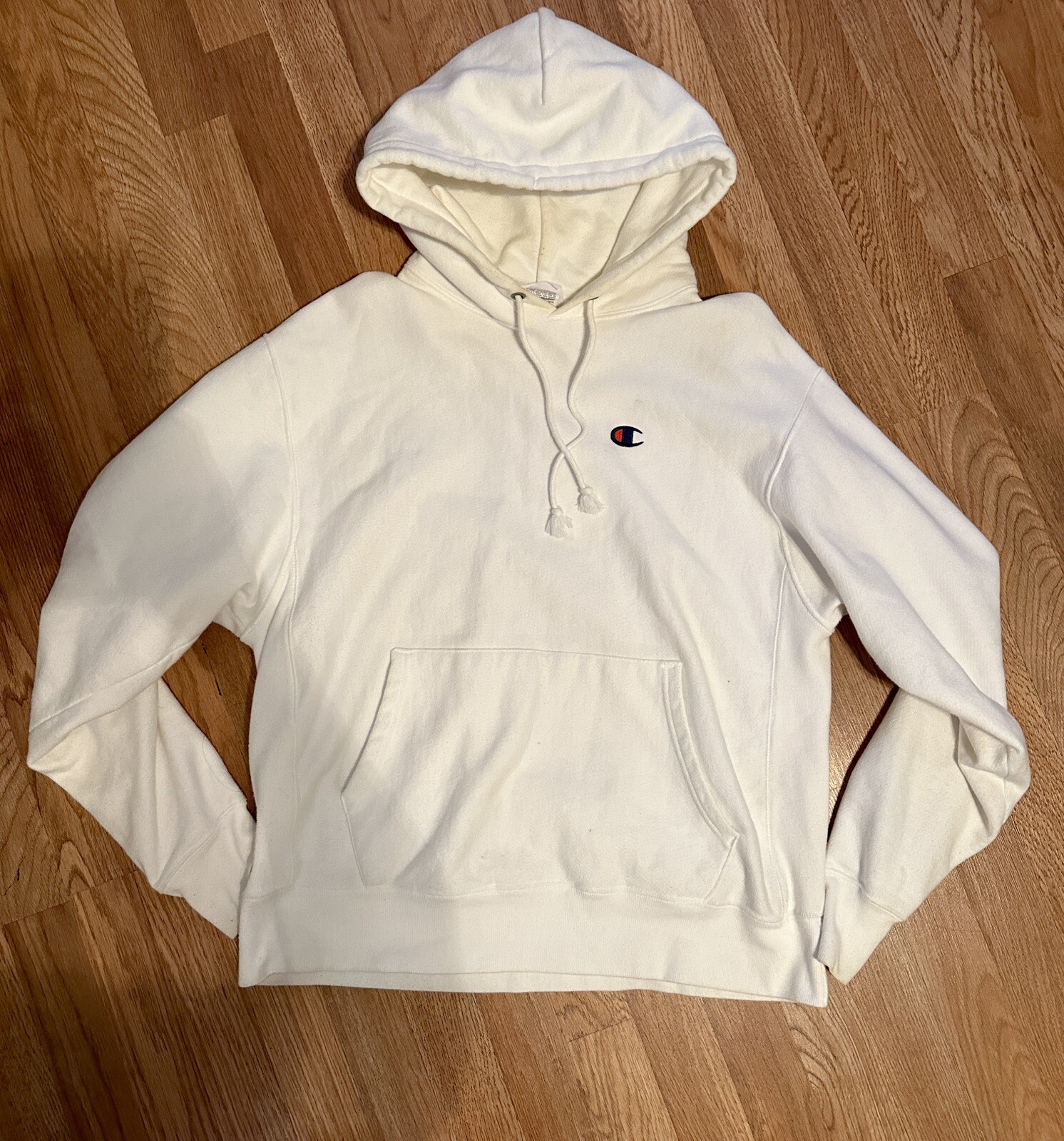 Champion Reverse Weave Patch Logo White Pullover Hoodie Men’s Size Large