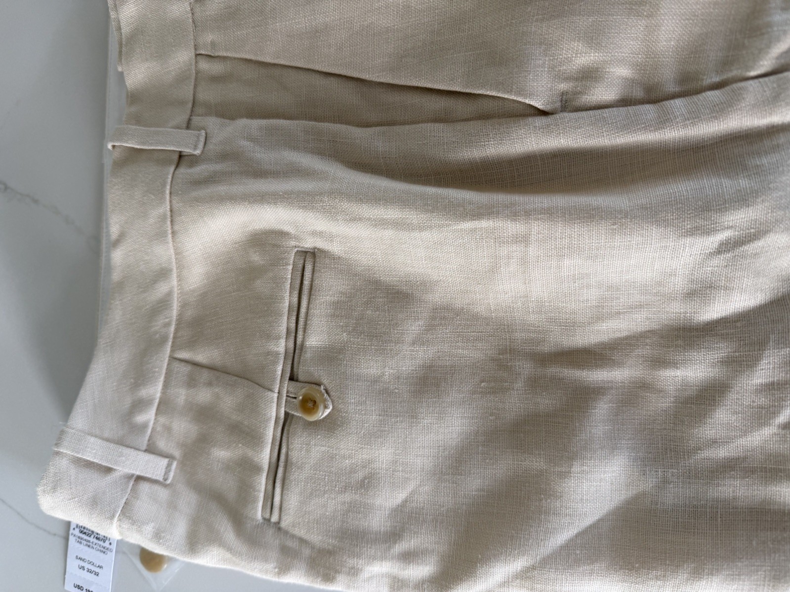 NWT Todd Snyder 100% Linen Extended Tab Chino Pants Mens 32×32 Sand Dollar color