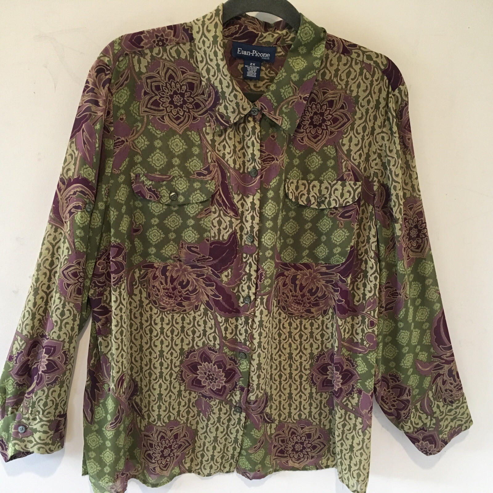 Evan Picone 2X Long Sleeve Polyester Top Olive & Mauve Print, 2 Pockets 53″ Bust