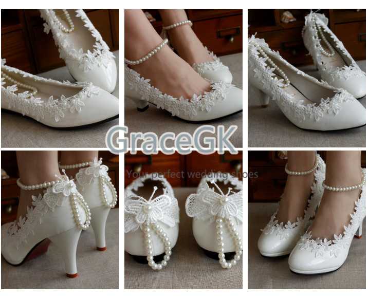 Women’s Lace Wedding Shoes Pearls anklet Bridal High Low Heels flat shoes